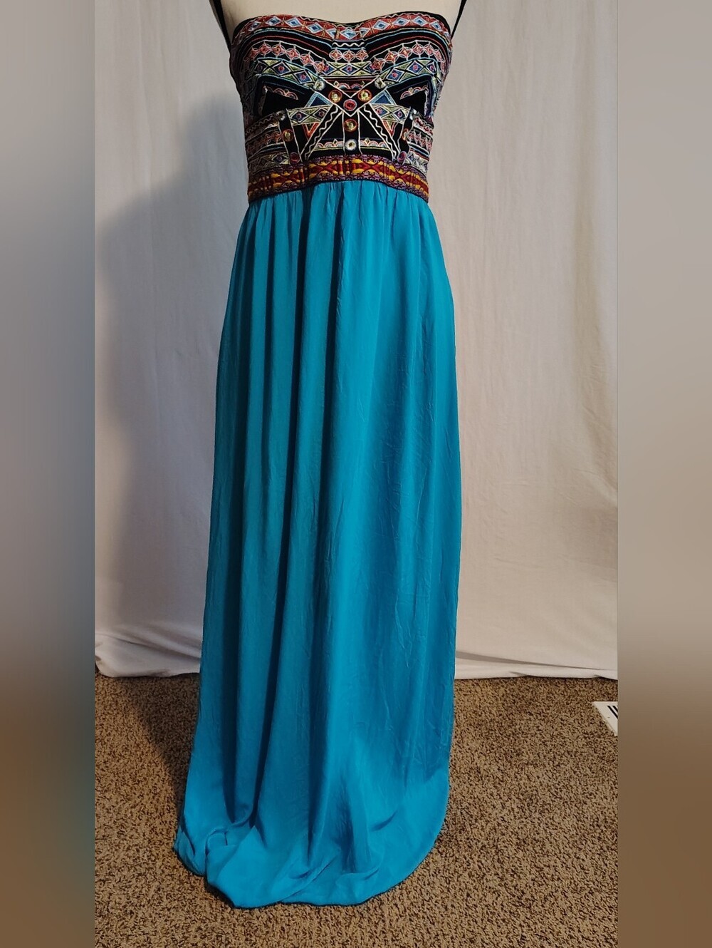 Marineblu Embroidered Bodice Strapless Maxi Dress in Blue, Bohemian Size Large